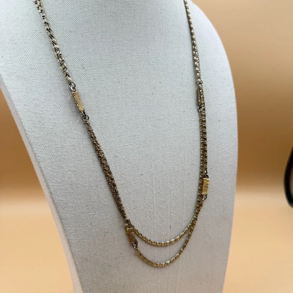 Two Tone Silver & Gold Tone Double Strand Byzantine Chain Necklace Statement